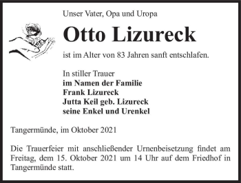 Traueranzeige von Otto Lizureck  von Magdeburger Volksstimme