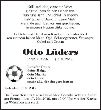 Traueranzeige von Otto Lüders  von Magdeburger Volksstimme