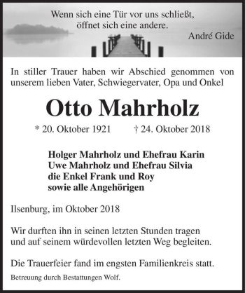 Traueranzeige von Otto Mahrholz  von Magdeburger Volksstimme