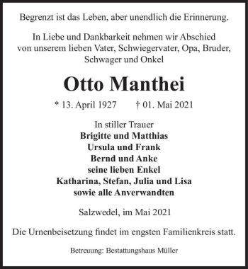 Traueranzeige von Otto Manthei  von Magdeburger Volksstimme