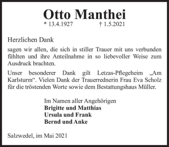 Traueranzeige von Otto Manthei  von Magdeburger Volksstimme
