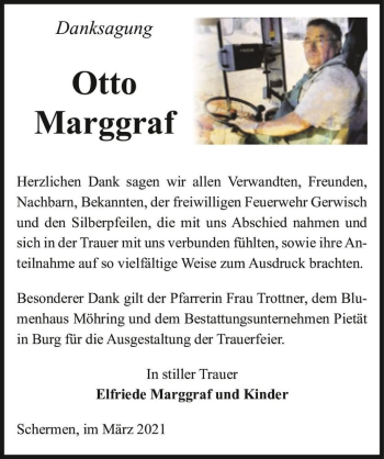 Traueranzeige von Otto Marggraf  von Magdeburger Volksstimme