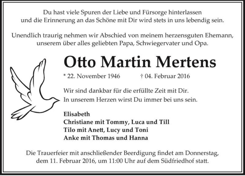 Traueranzeige für Otto Martin Mertens  vom 08.02.2016 aus Magdeburger Volksstimme