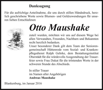 Traueranzeige von Otto Maushake  von Magdeburger Volksstimme