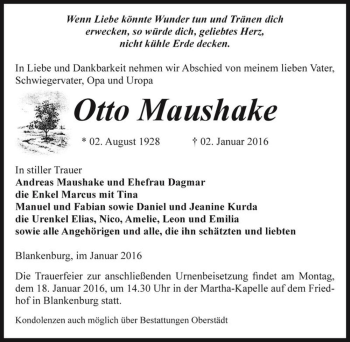 Traueranzeige von Otto Maushake  von Magdeburger Volksstimme