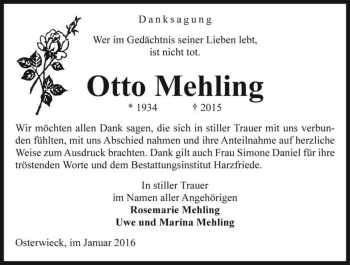 Traueranzeige von Otto Mehling  von Magdeburger Volksstimme