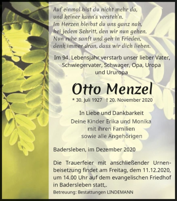 Traueranzeige von Otto Menzel  von Magdeburger Volksstimme