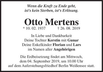 Traueranzeige von Otto Mertens  von Magdeburger Volksstimme