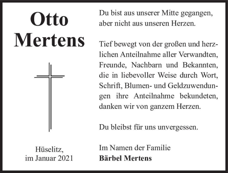  Traueranzeige für Otto Mertens  vom 26.01.2021 aus Magdeburger Volksstimme