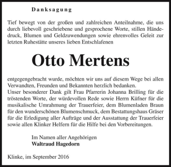 Traueranzeige von Otto Mertens  von Magdeburger Volksstimme