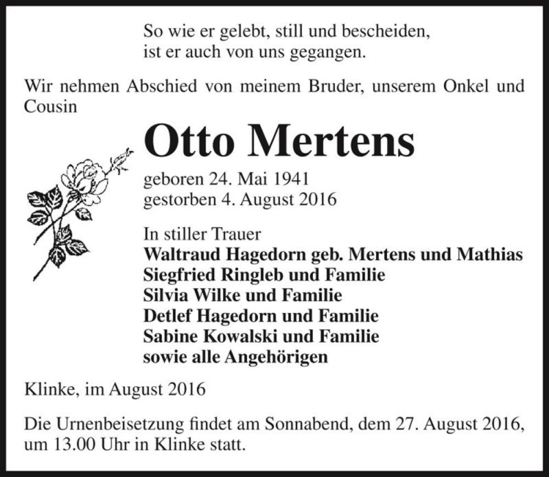 Traueranzeige für Otto Mertens  vom 20.08.2016 aus Magdeburger Volksstimme
