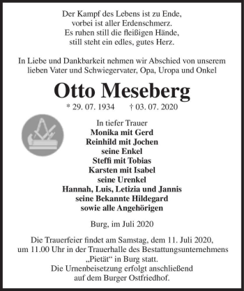 Traueranzeige von Otto Meseberg  von Magdeburger Volksstimme