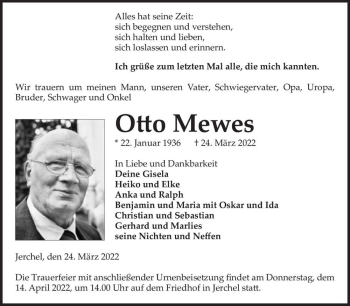 Traueranzeige von Otto Mewes  von Magdeburger Volksstimme