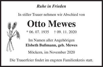 Traueranzeige von Otto Mewes  von Magdeburger Volksstimme
