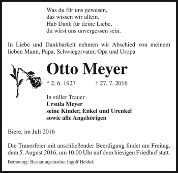 Traueranzeige von Otto Meyer  von Magdeburger Volksstimme
