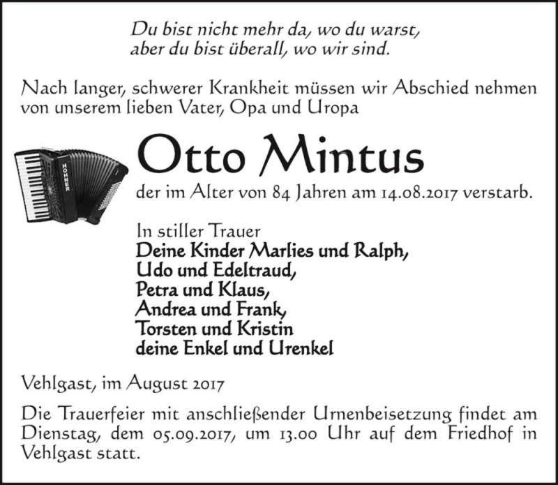  Traueranzeige für Otto Mintus  vom 19.08.2017 aus Magdeburger Volksstimme