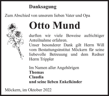 Traueranzeige von Otto Mund  von Magdeburger Volksstimme