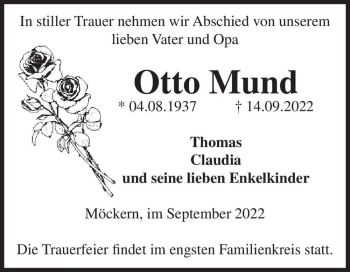 Traueranzeige von Otto Mund  von Magdeburger Volksstimme