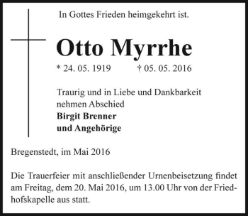 Traueranzeige von Otto Myrrhe  von Magdeburger Volksstimme