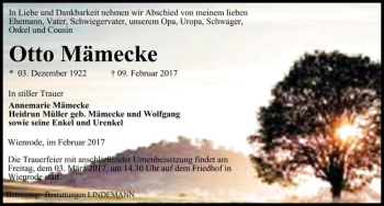 Traueranzeige von Otto Mämecke  von Magdeburger Volksstimme