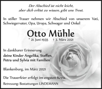 Traueranzeige von Otto Mühle  von Magdeburger Volksstimme