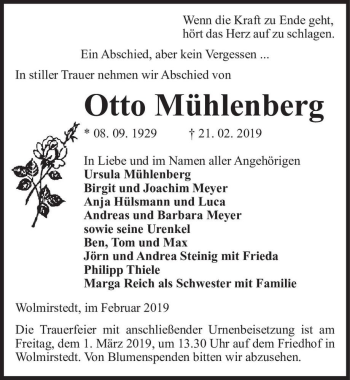 Traueranzeige von Otto Mühlenberg  von Magdeburger Volksstimme