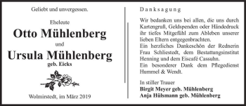 Traueranzeige von Otto Mühlenberg und Ursula Mühlenberg (geb. Eicks)  von Magdeburger Volksstimme