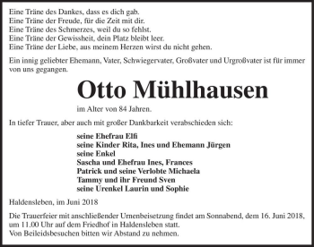 Traueranzeige von Otto Mühlhausen  von Magdeburger Volksstimme