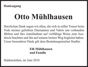 Traueranzeige von Otto Mühlhausen  von Magdeburger Volksstimme