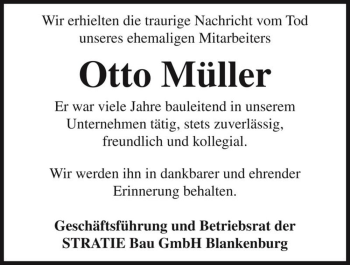 Traueranzeige von Otto Müller  von Magdeburger Volksstimme