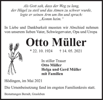 Traueranzeige von Otto Müller  von Magdeburger Volksstimme