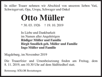 Traueranzeige von Otto Müller  von Magdeburger Volksstimme