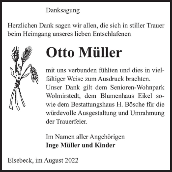 Traueranzeige von Otto Müller  von Magdeburger Volksstimme