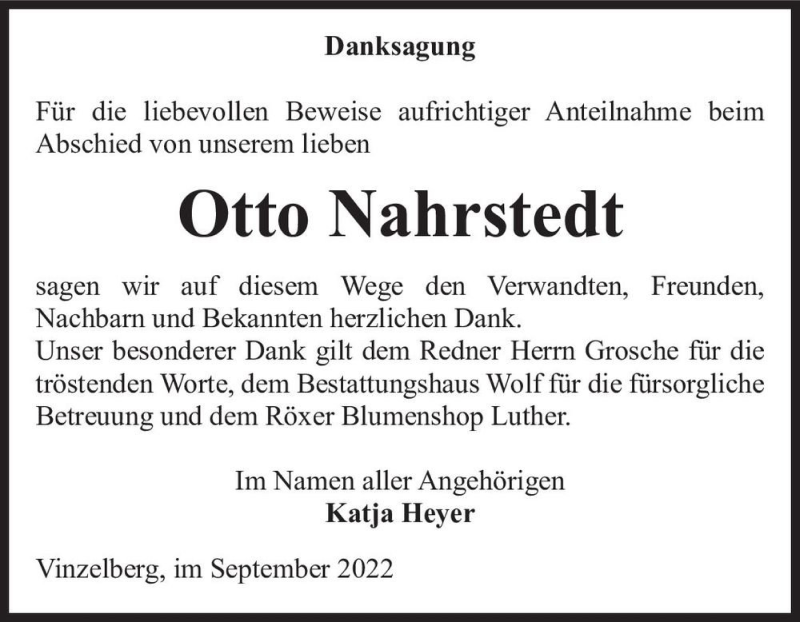 Traueranzeigen von Otto Nahrstedt www.abschiednehmen.de