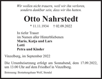 Traueranzeige von Otto Nahrstedt  von Magdeburger Volksstimme