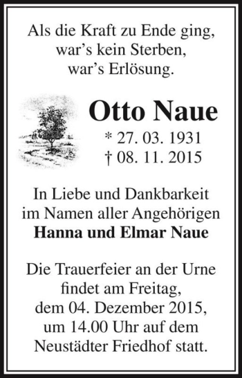 Traueranzeige von Otto Naue  von Magdeburger Volksstimme
