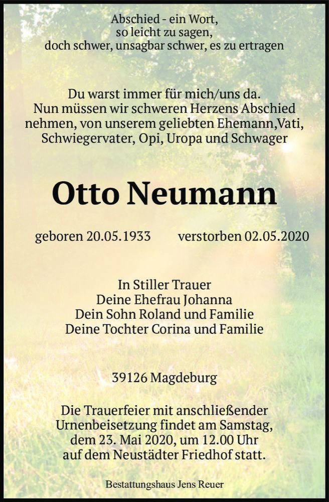  Traueranzeige für Otto Neumann  vom 16.05.2020 aus Magdeburger Volksstimme