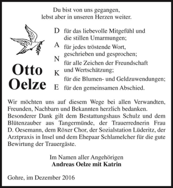 Traueranzeige von Otto Oelze  von Magdeburger Volksstimme