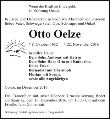 Traueranzeige von Otto Oelze  von Magdeburger Volksstimme