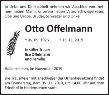 Traueranzeige von Otto Offelmann  von Magdeburger Volksstimme