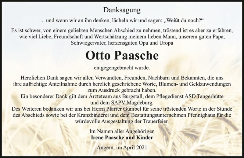  Traueranzeige für Otto Paasche  vom 17.04.2021 aus Magdeburger Volksstimme