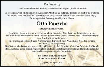Traueranzeige von Otto Paasche  von Magdeburger Volksstimme