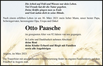 Traueranzeige von Otto Paasche  von Magdeburger Volksstimme