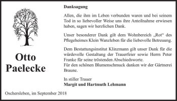 Traueranzeige von Otto Paelecke  von Magdeburger Volksstimme