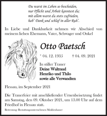 Traueranzeige von Otto Paetsch  von Magdeburger Volksstimme
