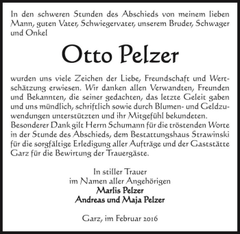 Traueranzeige von Otto Pelzer  von Magdeburger Volksstimme