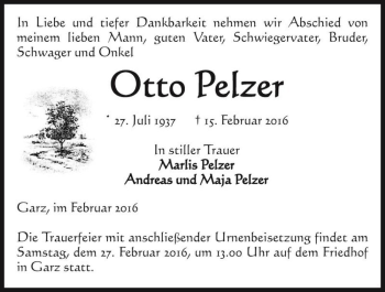 Traueranzeige von Otto Pelzer  von Magdeburger Volksstimme