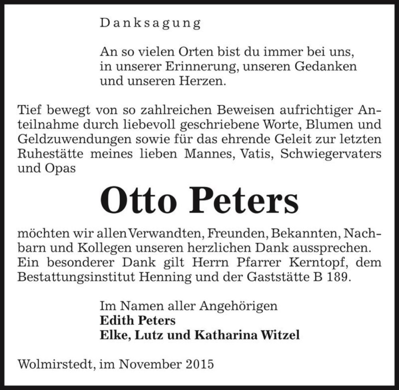  Traueranzeige für Otto Peters  vom 28.11.2015 aus Magdeburger Volksstimme
