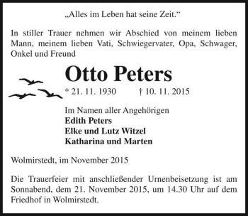Traueranzeige von Otto Peters  von Magdeburger Volksstimme