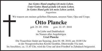 Traueranzeige von Otto Plancke  von Magdeburger Volksstimme